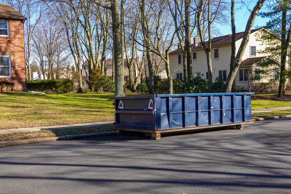 Long,Blue,Dumpster,On,A,Street,By,A,Curb,Near